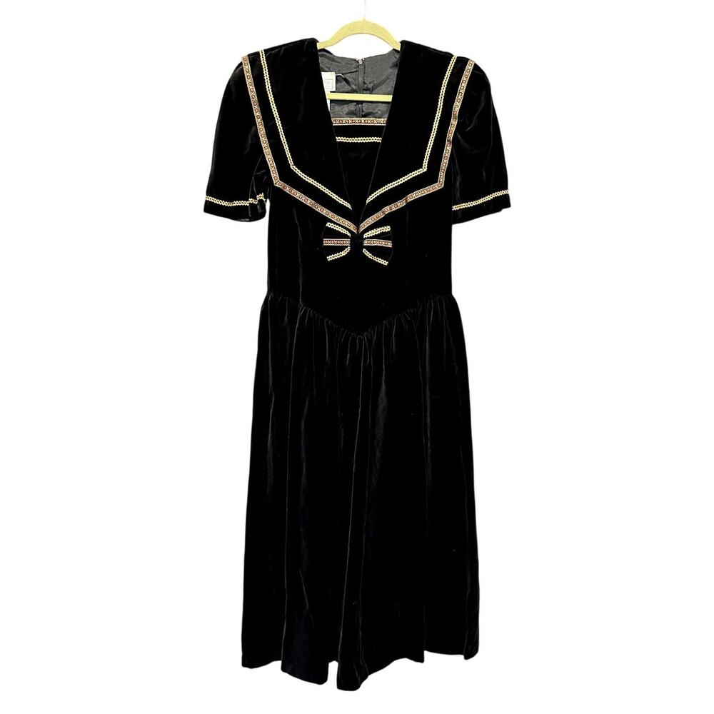 Vintage 80s Gunne Sax Black Velvet Gold Trim Sailor Collar Midi Dress 11